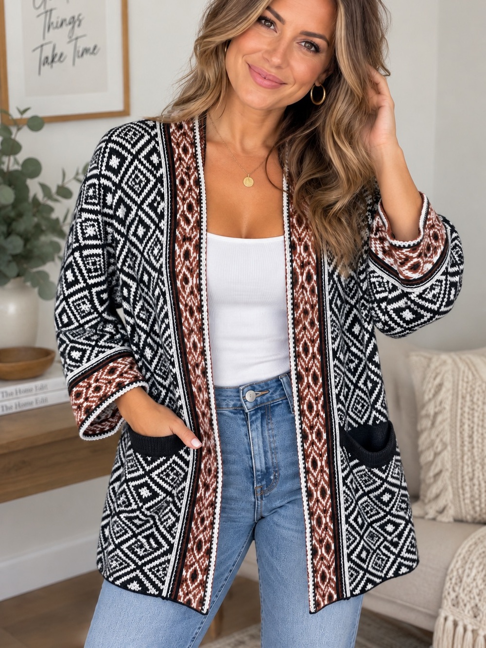 Forever 21 Aztec Geometric Print Open Front Cardigan Small